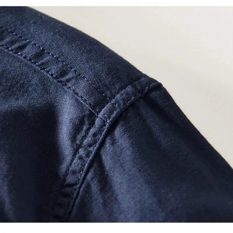 Band Collar Linen Shirt worn