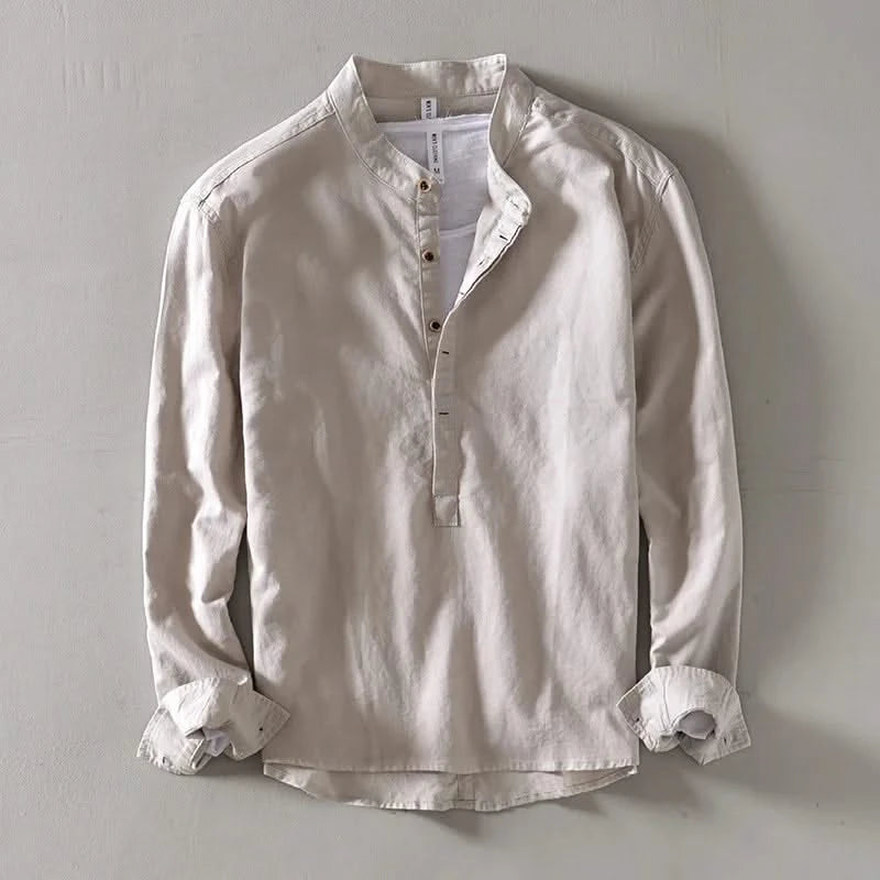 Band Collar Linen Shirt model