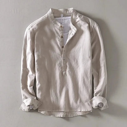 Band Collar Linen Shirt model